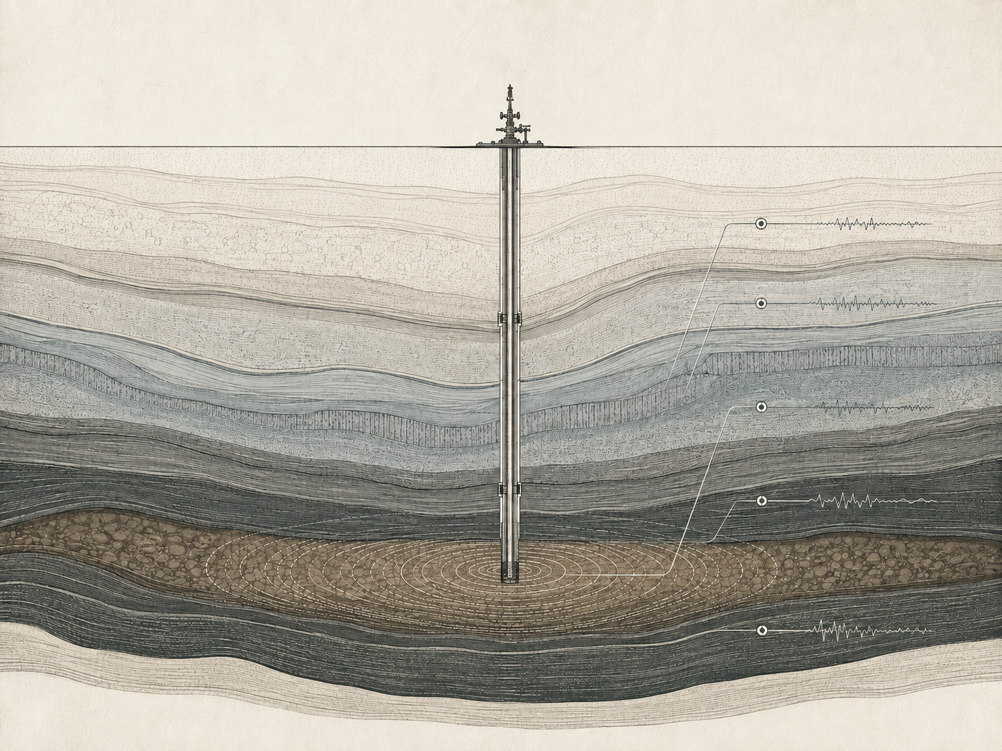 Technical illustration of a well extending through geological layers into a monitored storage formation